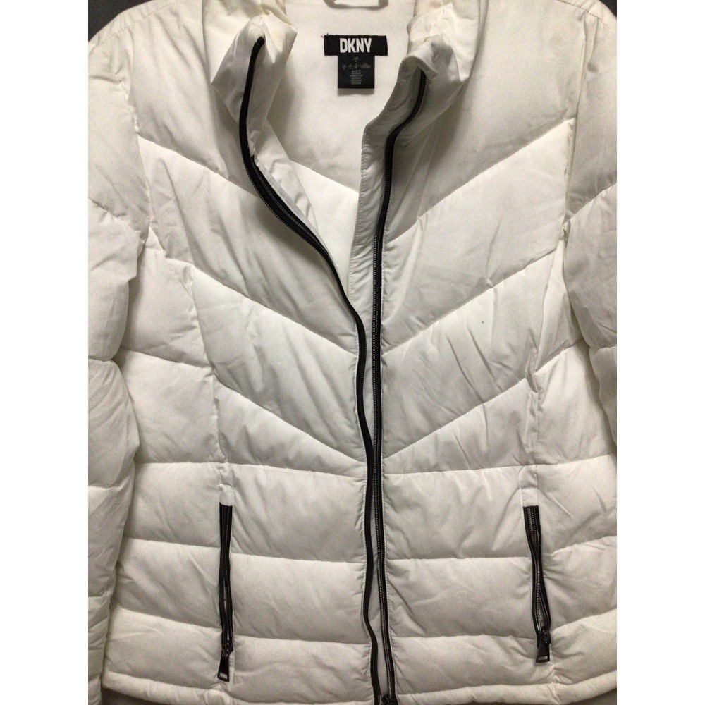 DKNY Womens White Puffer Jacket Chevron Quilted Zip Up Coat Size L